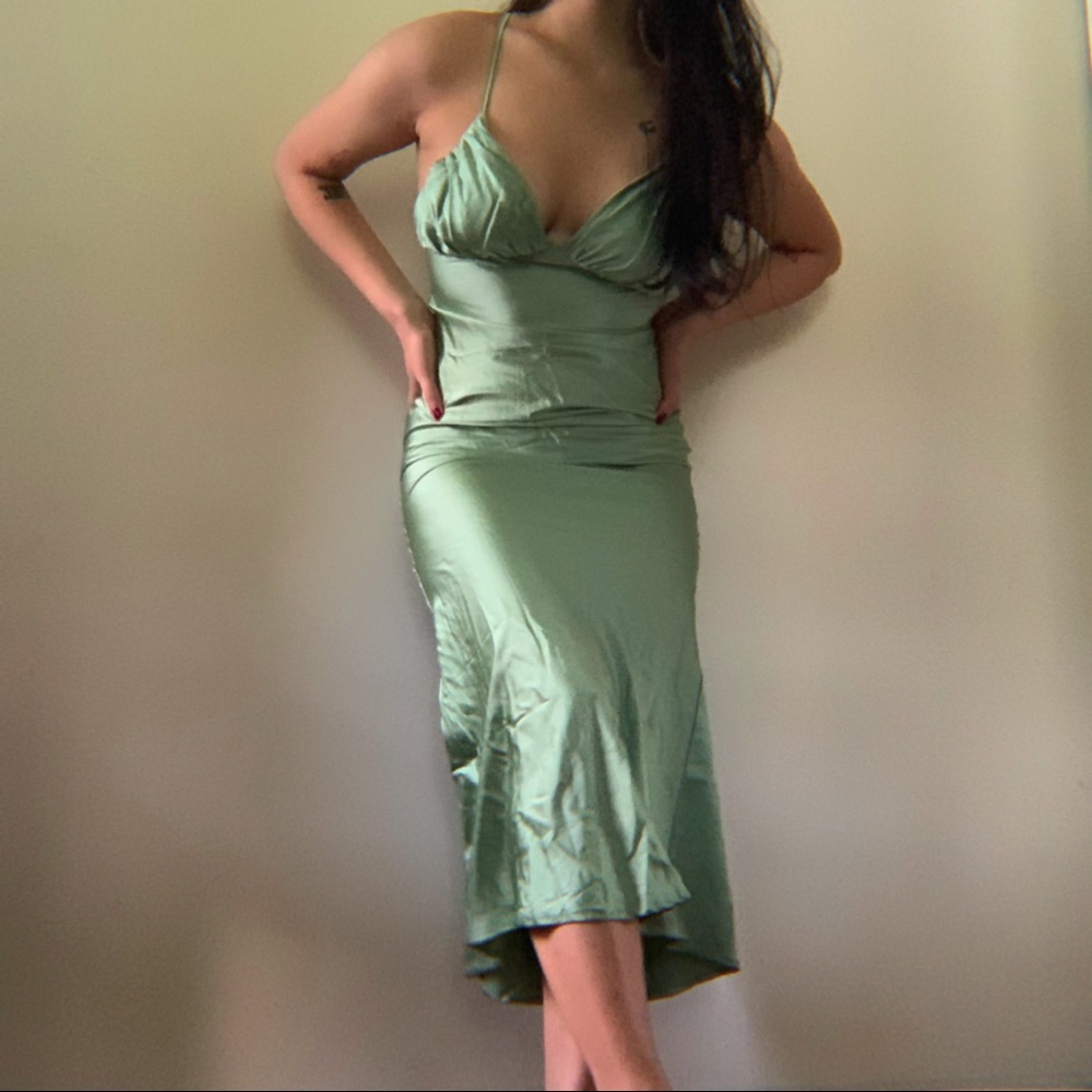 Satin silky green ruched maxi back cutouts maxi